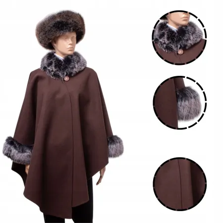 Ponczo ETOLA z eko futrem w eleganckim odcieniu beżu