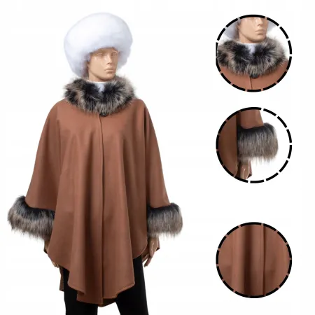 Ponczo Etola w Eleganckim brązie z Sztucznym Futrem