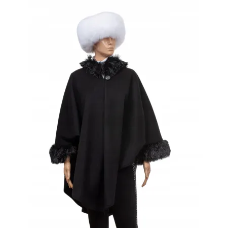 Etola ponczo z dodatkami eko futra czarne ala Alapka narzutka
