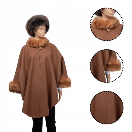 Etola ponczo z dodatkami eko futra narzutka wiosna jesień uniwersalne