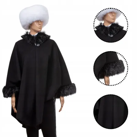 Etola ponczo z dodatkami eko futra czarne ala Alapka narzutka